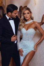 Long Mermaid One Shoulder Front Slit Sequined Prom Dress with Sleeves by BIZTUNNEL