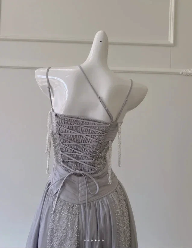 Classy Purple Sequins Tulle Beaded Tassel Prom Dress A Line Evening Dress Y8586 by simplepromdress