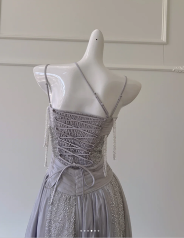 Classy Purple Sequins Tulle Beaded Tassel Prom Dress A Line Evening Dress Y8586