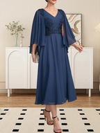 A-line V-Neck Tea-Length Chiffon Lace Mother of the Bride Dress With Beading Sequins by Dreamylily