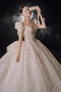 Gorgeous Puff-Sleeve Ball Gown Sweetheart Neckline Beaded Lace Wedding Dress with Ruffled Train E-309 by ZAPDRESS
