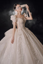 Gorgeous Puff-Sleeve Ball Gown Sweetheart Neckline Beaded Lace Wedding Dress with Ruffled Train E-309 by ZAPDRESS