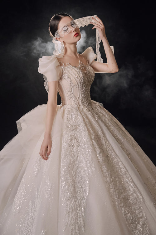 Gorgeous Puff-Sleeve Ball Gown Sweetheart Neckline Beaded Lace Wedding Dress with Ruffled Train E-309 by ZAPDRESS
