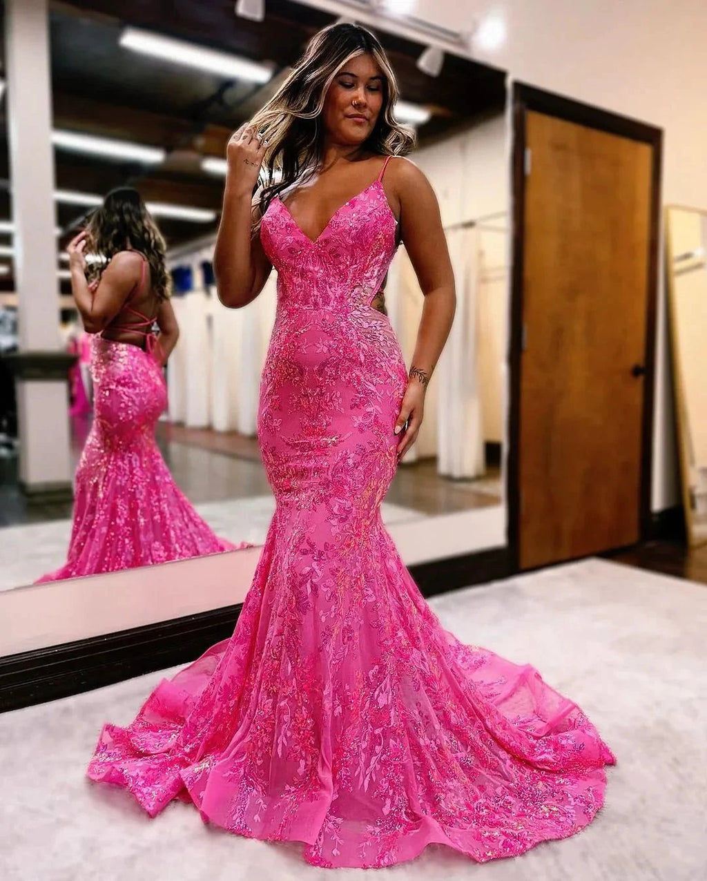Sleeveless Pink Sequins Mermaid Long Prom Dress with Backless Spaghetti Straps by BIZTUNNEL