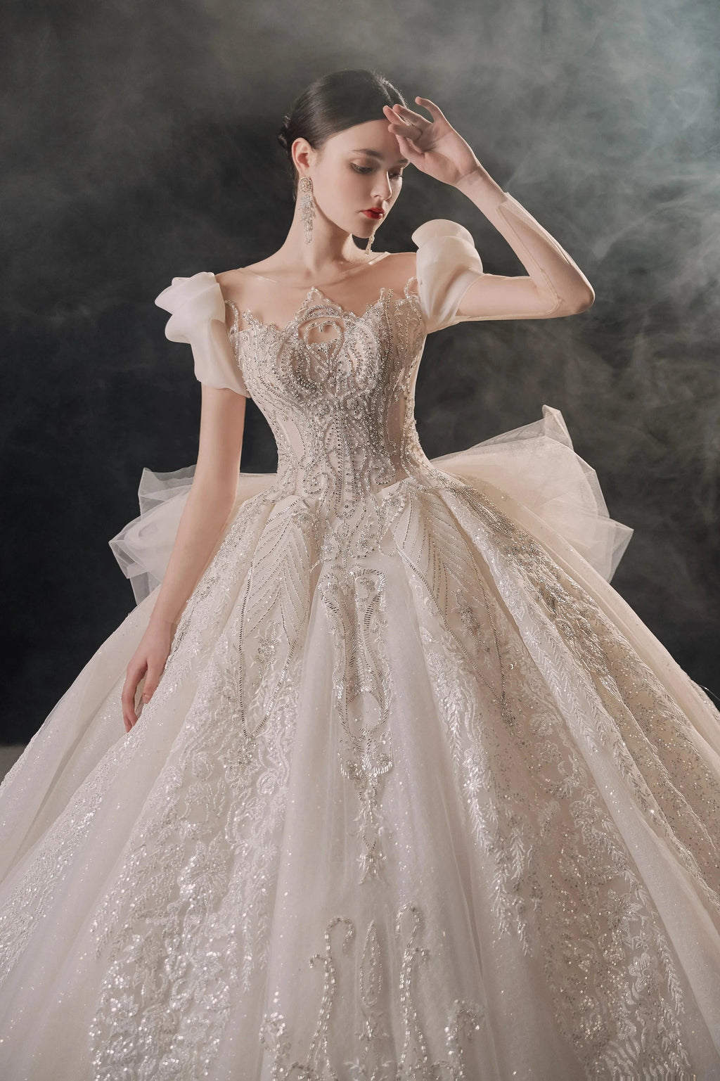 Gorgeous Puff-Sleeve Ball Gown Sweetheart Neckline Beaded Lace Wedding Dress with Ruffled Train E-309 by ZAPDRESS