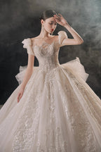 Gorgeous Puff-Sleeve Ball Gown Sweetheart Neckline Beaded Lace Wedding Dress with Ruffled Train E-309 by ZAPDRESS