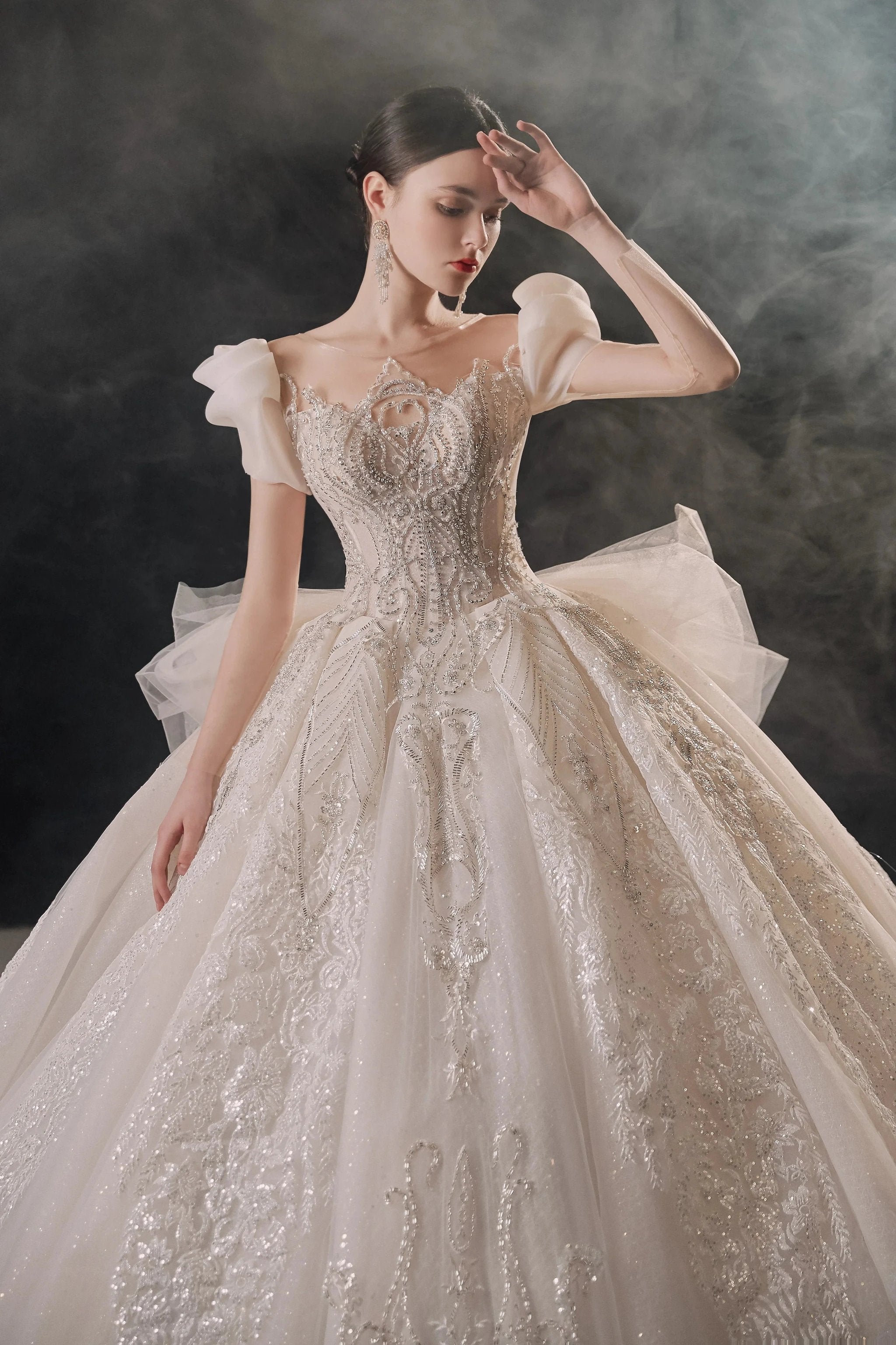 Gorgeous Puff-Sleeve Ball Gown Sweetheart Neckline Beaded Lace Wedding Dress with Ruffled Train E-309 by ZAPDRESS