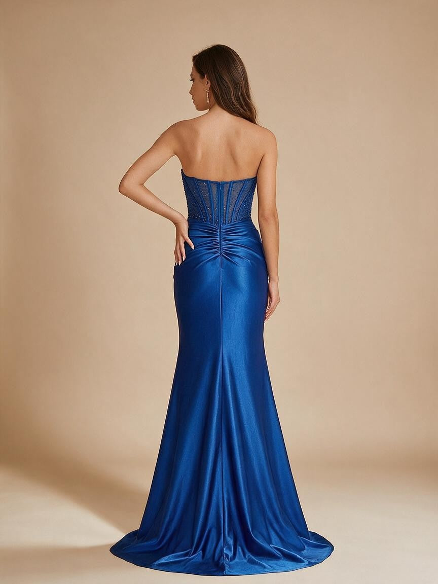 Royal Blue Strapless Corset Prom Dress with High Slit - Royal Blue