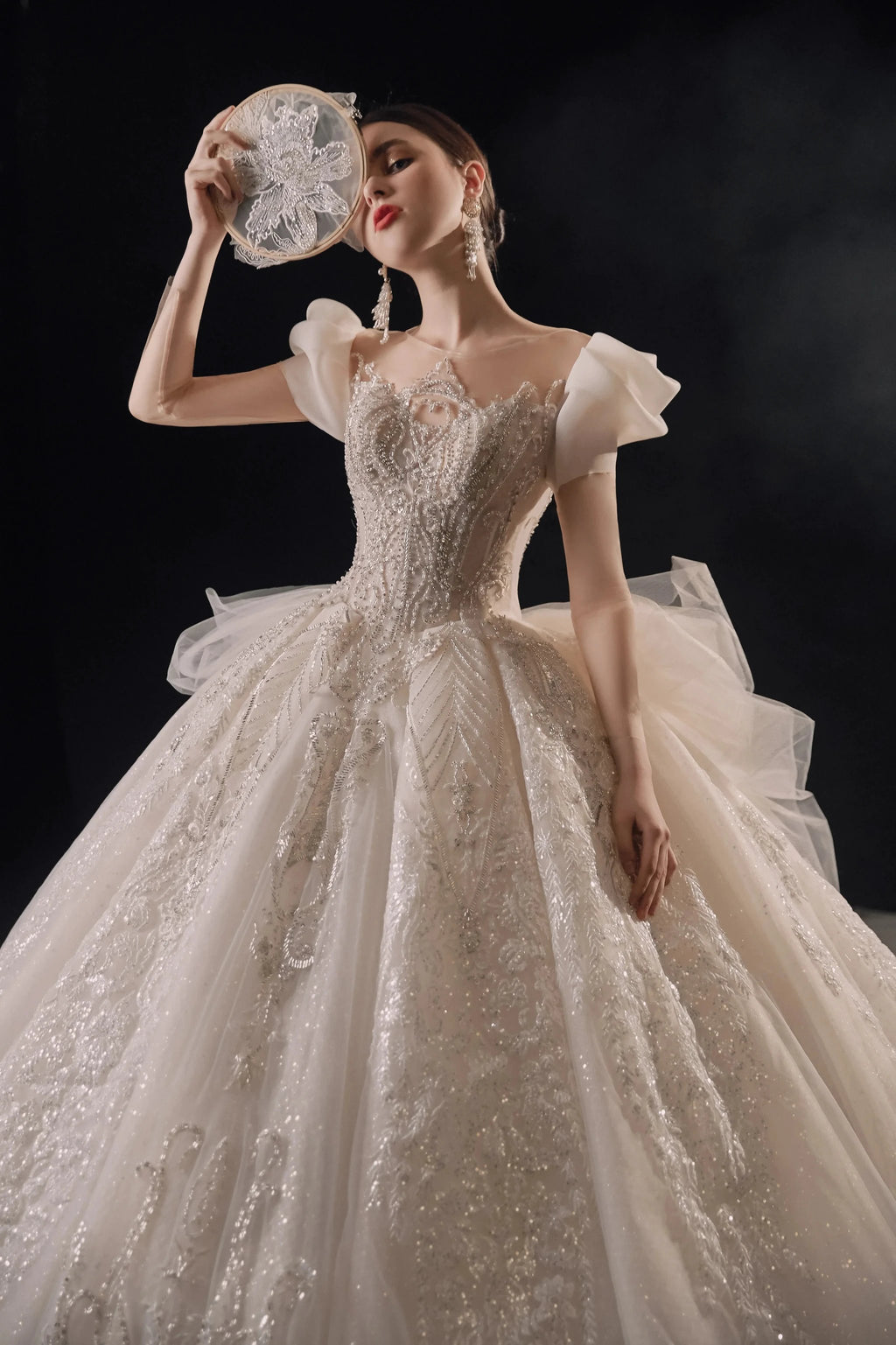 Gorgeous Puff-Sleeve Ball Gown Sweetheart Neckline Beaded Lace Wedding Dress with Ruffled Train E-309 by ZAPDRESS