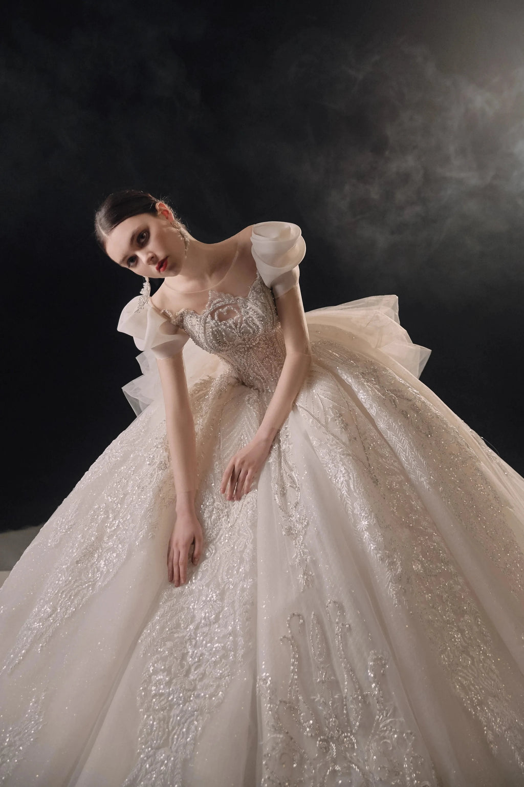 Gorgeous Puff-Sleeve Ball Gown Sweetheart Neckline Beaded Lace Wedding Dress with Ruffled Train E-309 by ZAPDRESS