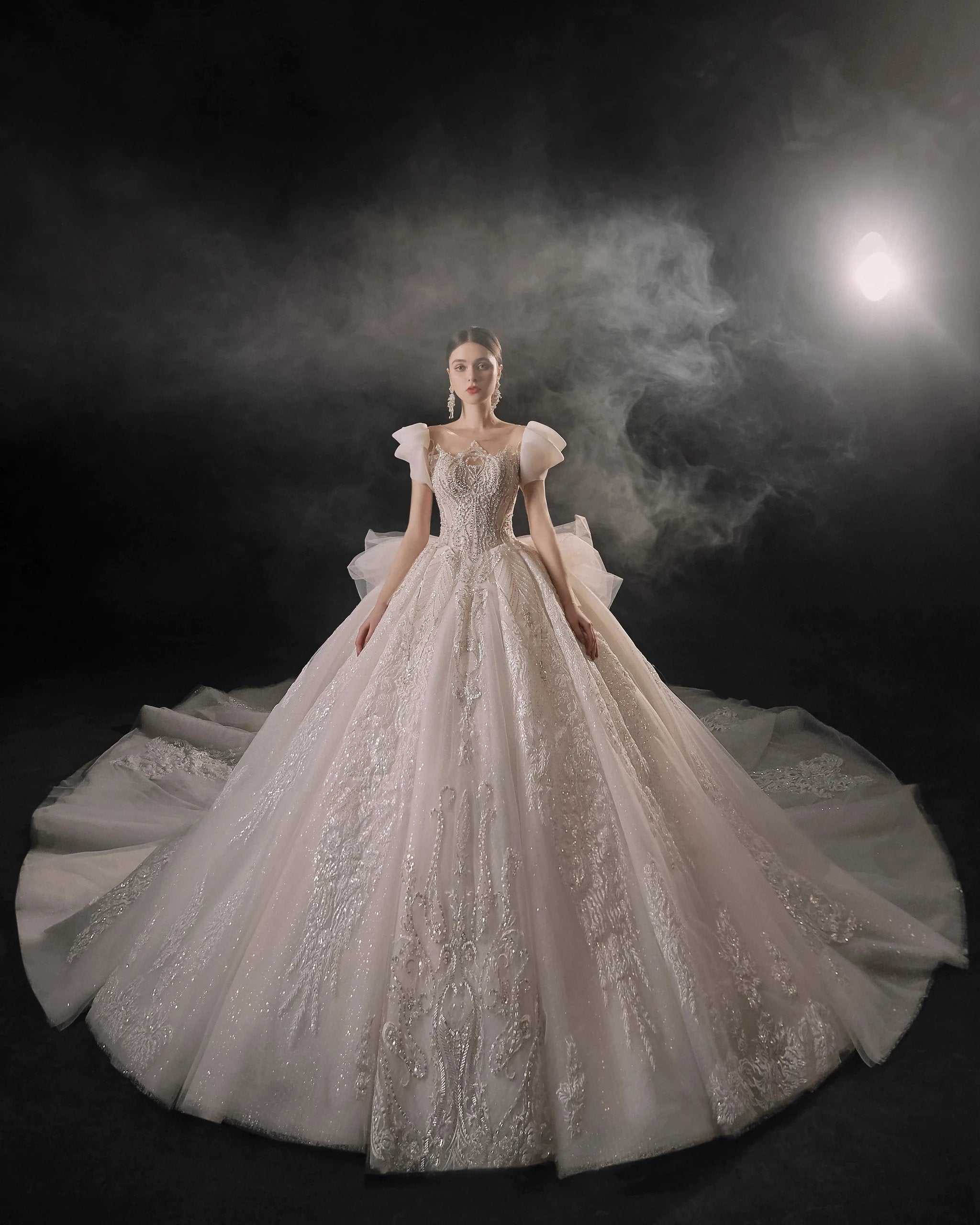 Gorgeous Puff-Sleeve Ball Gown Sweetheart Neckline Beaded Lace Wedding Dress with Ruffled Train E-309 by ZAPDRESS