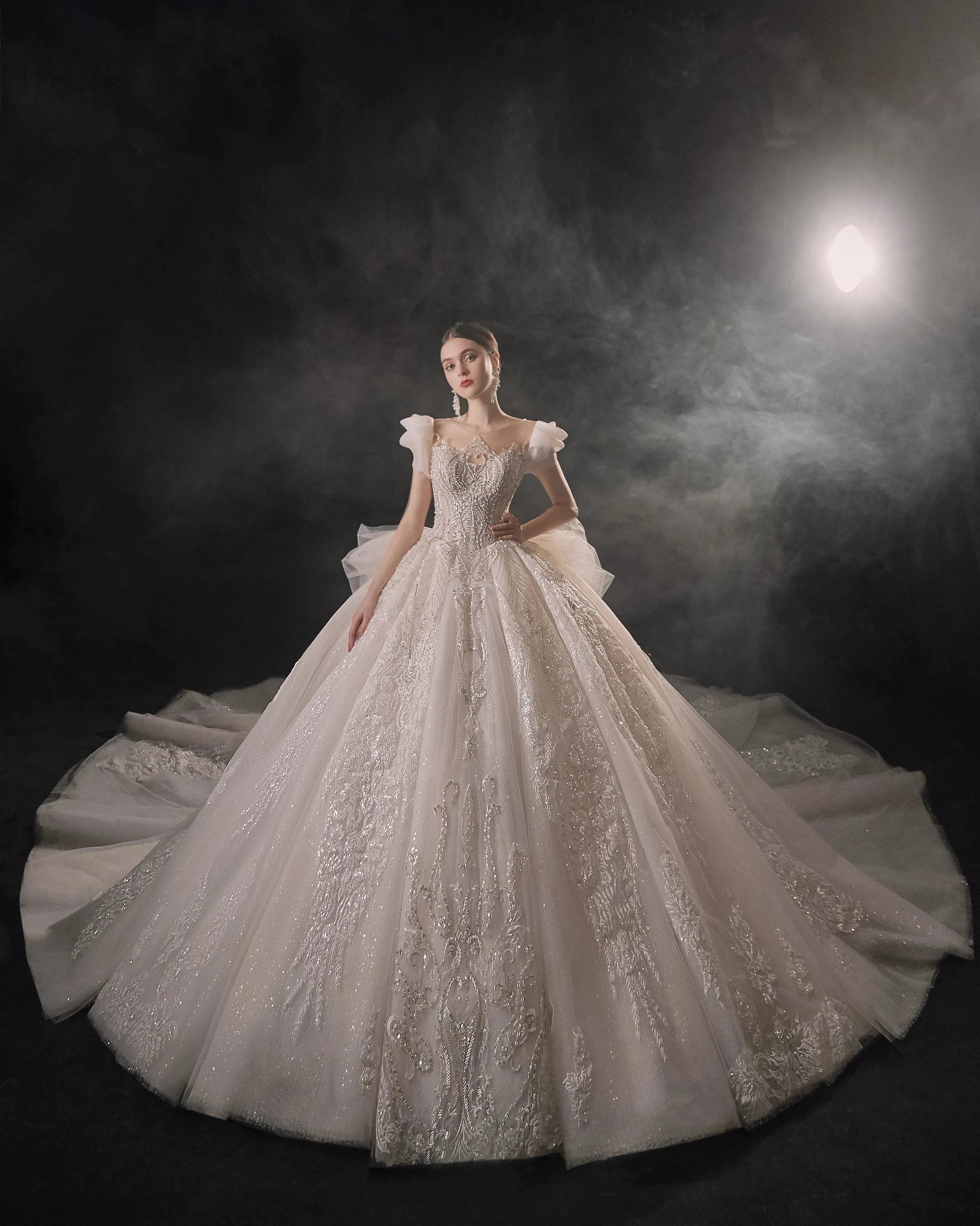 Gorgeous Puff-Sleeve Ball Gown Sweetheart Neckline Beaded Lace Wedding Dress with Ruffled Train E-309 by ZAPDRESS