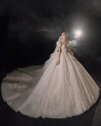 Gorgeous Puff-Sleeve Ball Gown Sweetheart Neckline Beaded Lace Wedding Dress with Ruffled Train E-309 by ZAPDRESS
