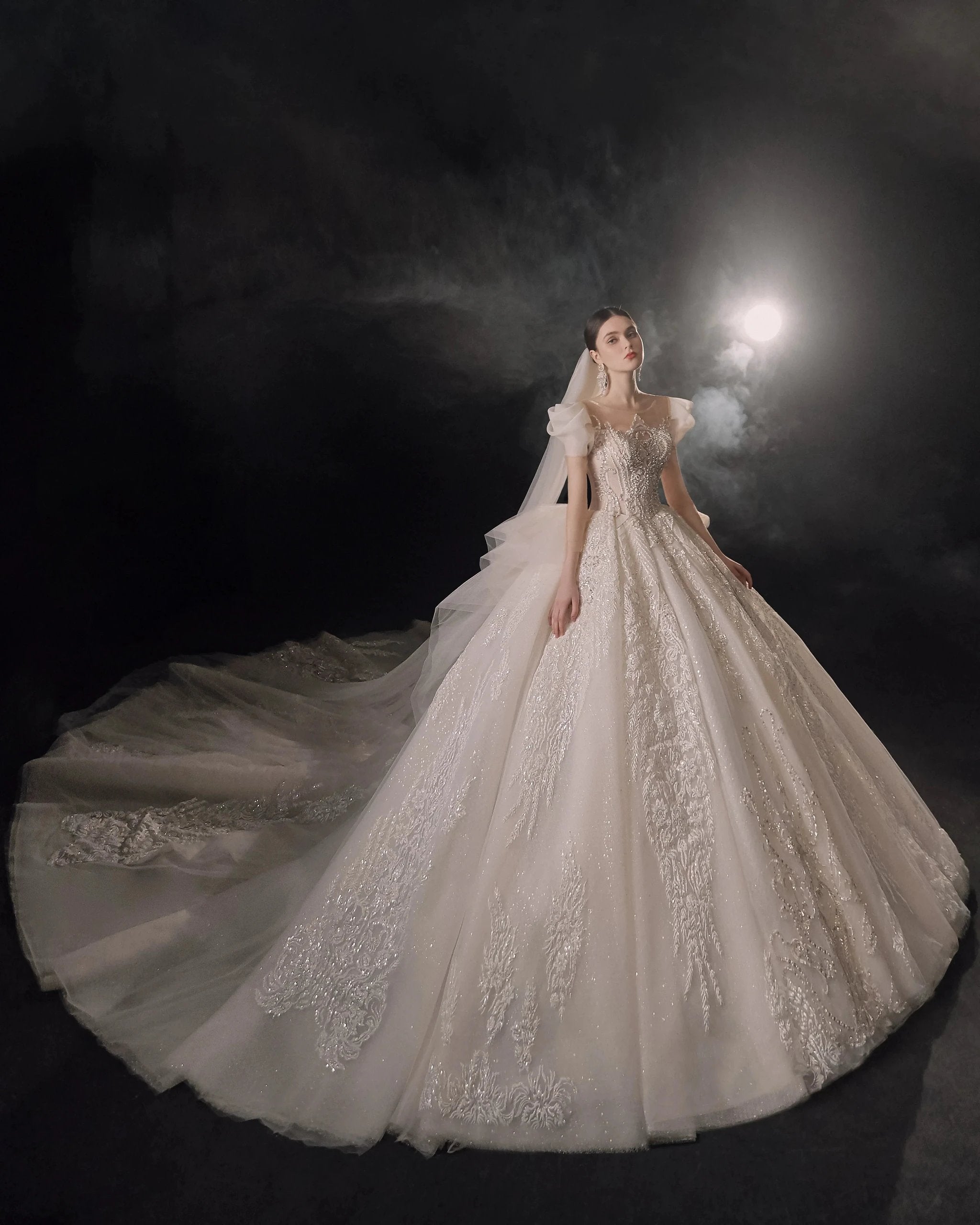 Gorgeous Puff-Sleeve Ball Gown Sweetheart Neckline Beaded Lace Wedding Dress with Ruffled Train E-309 by ZAPDRESS
