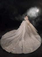 Gorgeous Puff-Sleeve Ball Gown Sweetheart Neckline Beaded Lace Wedding Dress with Ruffled Train E-309 by ZAPDRESS