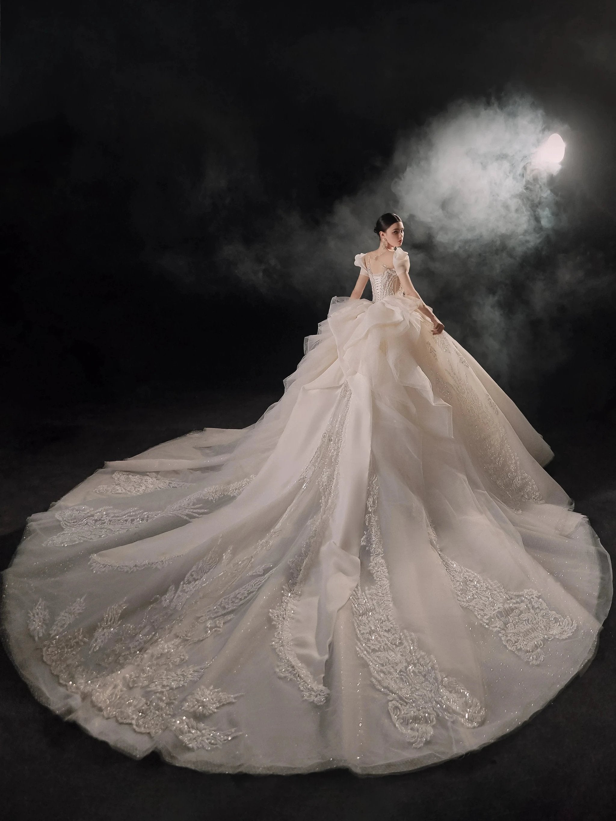 Gorgeous Puff-Sleeve Ball Gown Sweetheart Neckline Beaded Lace Wedding Dress with Ruffled Train E-309 by ZAPDRESS