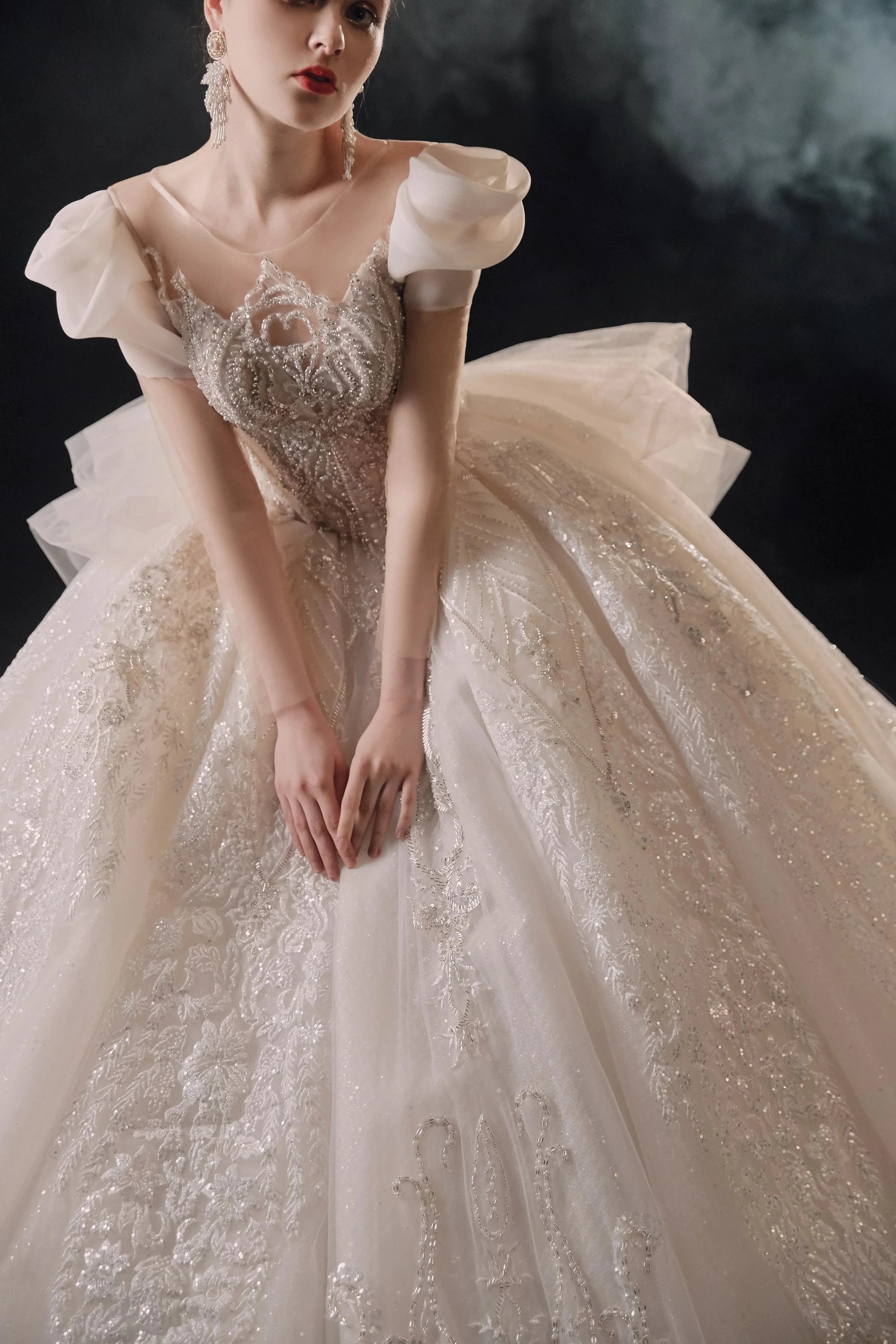 Gorgeous Puff-Sleeve Ball Gown Sweetheart Neckline Beaded Lace Wedding Dress with Ruffled Train E-309 by ZAPDRESS