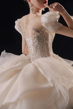 Gorgeous Puff-Sleeve Ball Gown Sweetheart Neckline Beaded Lace Wedding Dress with Ruffled Train E-309 by ZAPDRESS