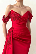 Ravishing Red Mermaid Prom Gown with Beaded Details and Flirty Off-Shoulder Style by BIZTUNNEL