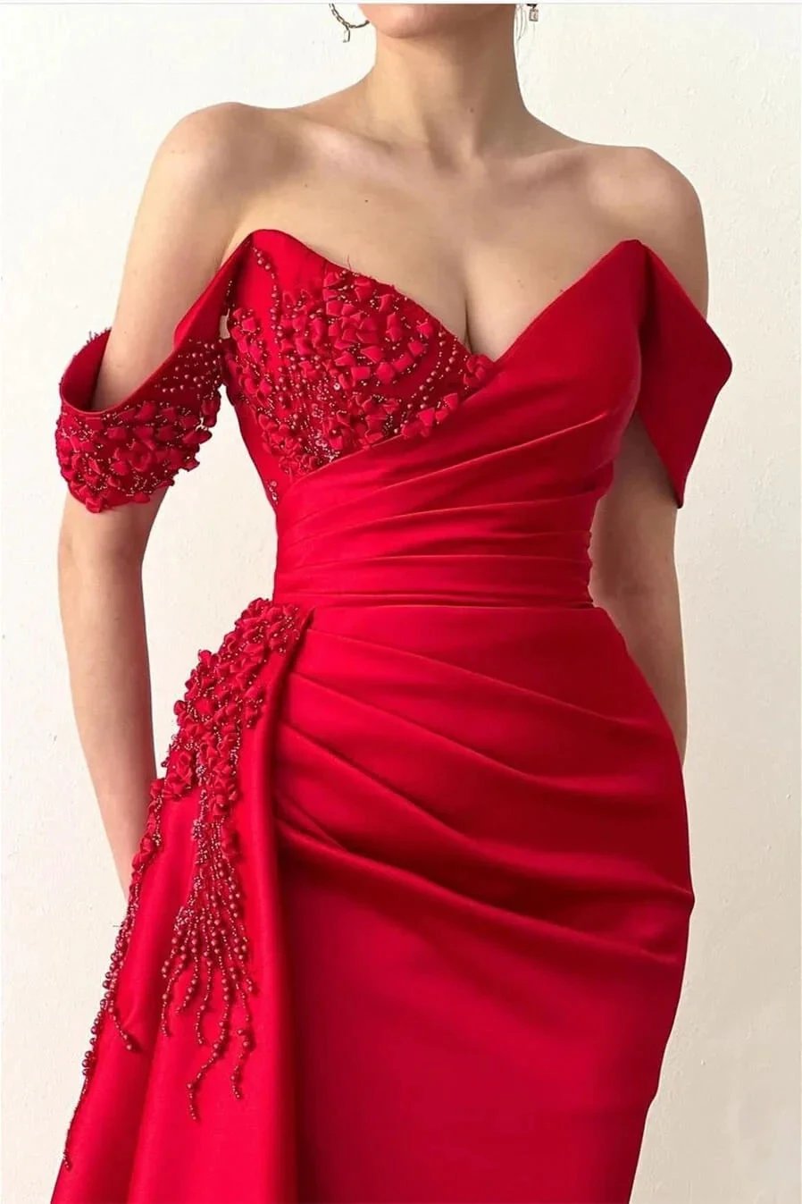 Ravishing Red Mermaid Prom Gown with Beaded Details and Flirty Off-Shoulder Style by BIZTUNNEL