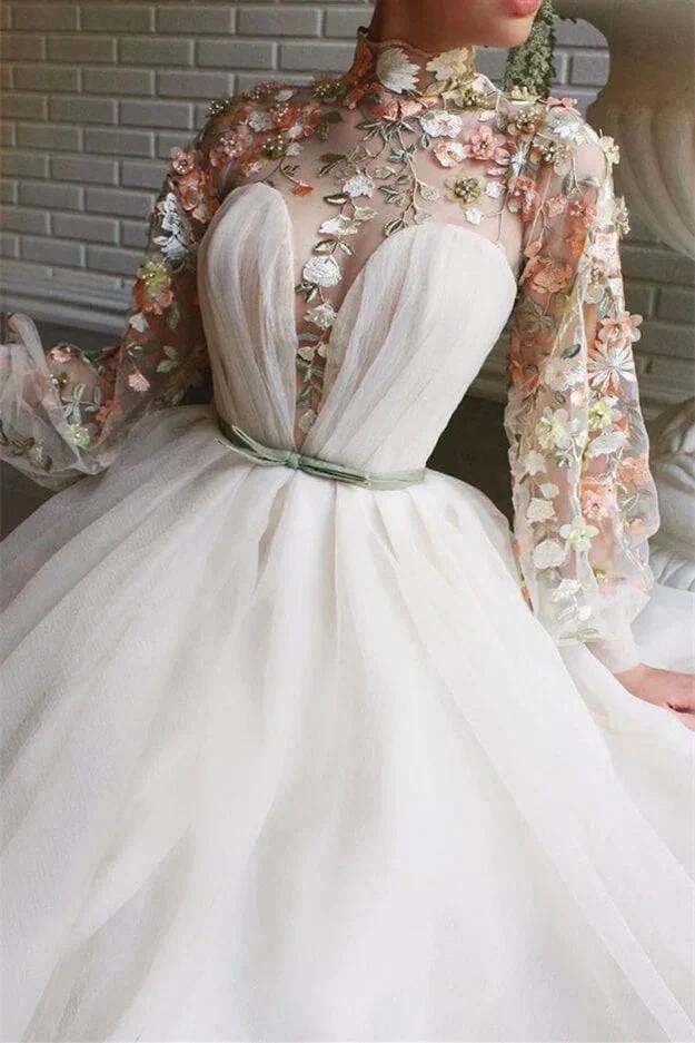 White Long Sleeves A-line High Neck Tulle Flower Mermaid Prom Dresses with Slit by BIZTUNNEL