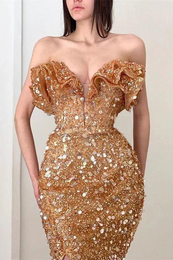 Long V Neck Pleated Sequins Mermaid Prom Dress With Slit by BIZTUNNEL