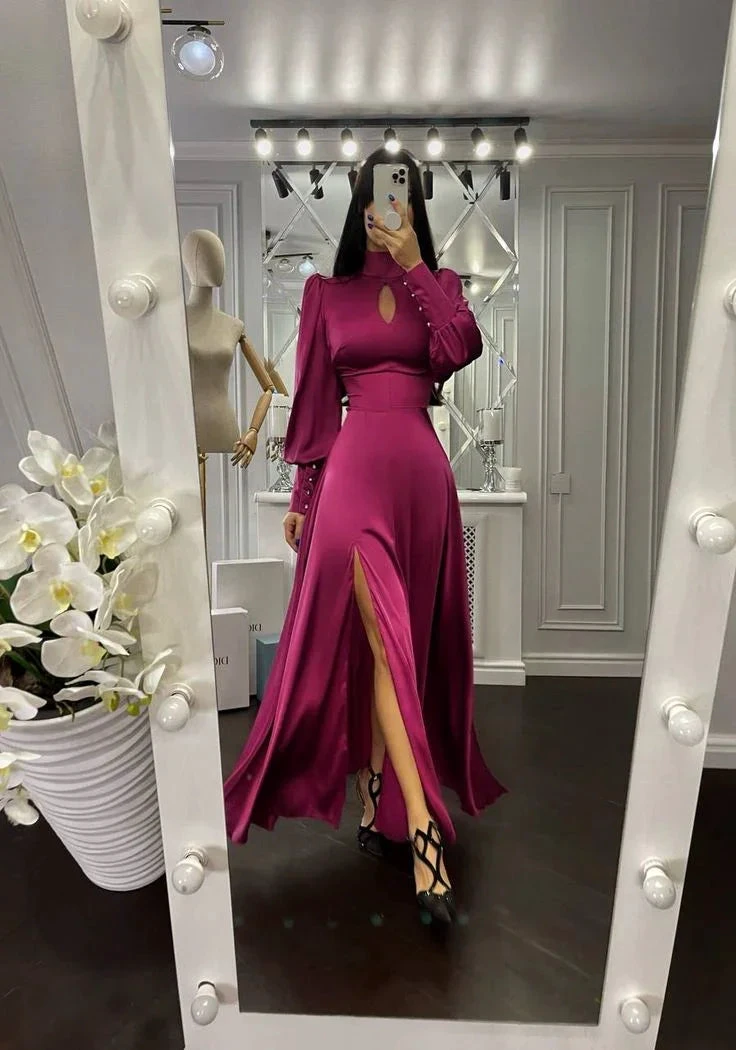 A-line Puff Sleeves Long Evening Dress With Split Y7015 by simplepromdress