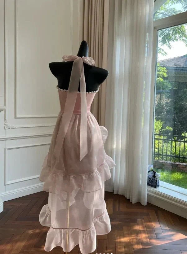 Simple Halter Pink Tulle Pearls Beaded High-Low Ruffles Homecoming Dress Party Dress Y8582 by simplepromdress