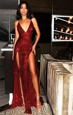 Sequin Spaghetti Straps V-Neck Red Long Prom Dress With Slit by BIZTUNNEL