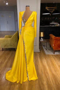Yellow Long Sleeves Mermaid V-neck Satin Prom Dress with Beads by BIZTUNNEL