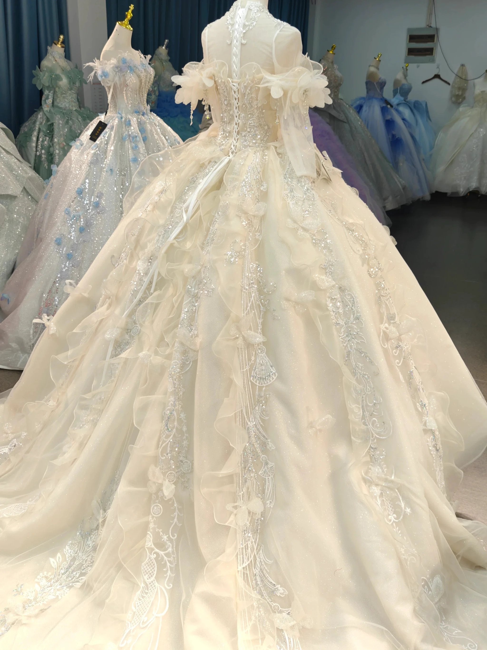 Exquisite High-Neck Tulle Ball Gown Wedding Dress with Crystal Embroidery & Ruffled Detachable Sleeves Ye-2022 by ZAPDRESS