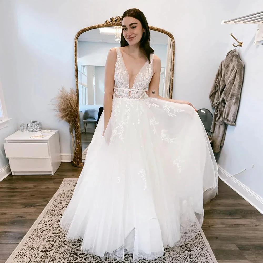 Pastrol Wedding Dresses V-neck Backless Tulle For Women 2023 Bride A-LINE Appliques Vestidos De Novia Made To Order by payinti