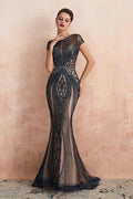 Glamorous Mermaid Beadings Long Prom Dress With Short Sleeves by BIZTUNNEL