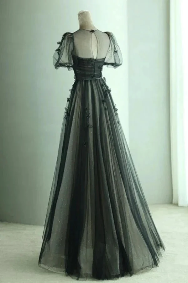 A Line Black Puff Sleeves Tulle Long Prom Dress Black Formal Evening Dress Y7334 by simplepromdress