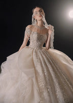 Glamorous Illusion Neckline Ball Gown Beaded Lace Fringe Trim Ruffled Train Wedding Dress E-307 by ZAPDRESS