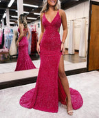 Glitter Red Mermaid V Neck Cut Out Prom Dress with Slit by KissProm