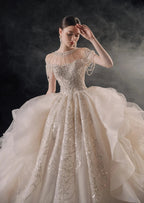 Glamorous Illusion Neckline Ball Gown Beaded Lace Fringe Trim Ruffled Train Wedding Dress E-307 by ZAPDRESS
