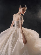 Glamorous Illusion Neckline Ball Gown Beaded Lace Fringe Trim Ruffled Train Wedding Dress E-307 by ZAPDRESS
