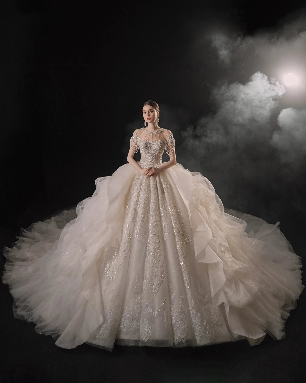 Glamorous Illusion Neckline Ball Gown Beaded Lace Fringe Trim Ruffled Train Wedding Dress E-307 by ZAPDRESS