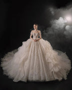 Glamorous Illusion Neckline Ball Gown Beaded Lace Fringe Trim Ruffled Train Wedding Dress E-307 by ZAPDRESS