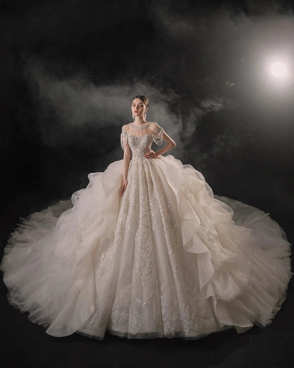 Glamorous Illusion Neckline Ball Gown Beaded Lace Fringe Trim Ruffled Train Wedding Dress E-307 by ZAPDRESS