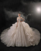 Glamorous Illusion Neckline Ball Gown Beaded Lace Fringe Trim Ruffled Train Wedding Dress E-307 by ZAPDRESS