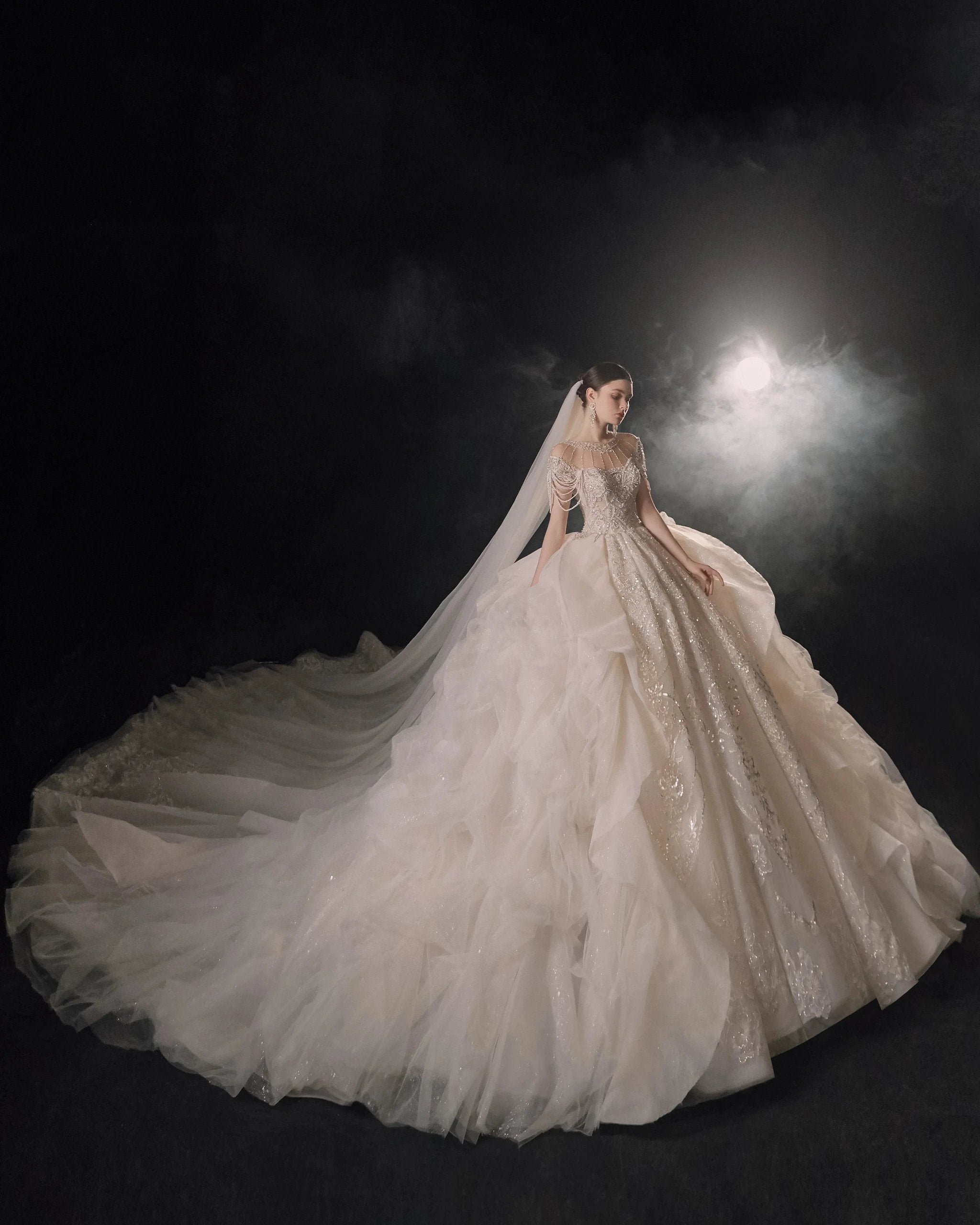 Glamorous Illusion Neckline Ball Gown Beaded Lace Fringe Trim Ruffled Train Wedding Dress E-307 by ZAPDRESS
