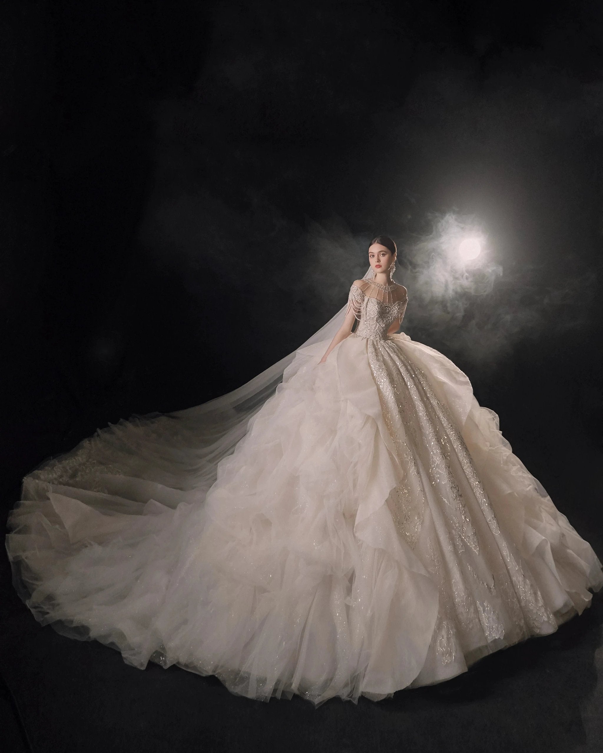 Glamorous Illusion Neckline Ball Gown Beaded Lace Fringe Trim Ruffled Train Wedding Dress E-307 by ZAPDRESS