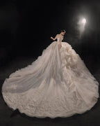 Glamorous Illusion Neckline Ball Gown Beaded Lace Fringe Trim Ruffled Train Wedding Dress E-307 by ZAPDRESS