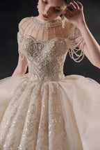 Glamorous Illusion Neckline Ball Gown Beaded Lace Fringe Trim Ruffled Train Wedding Dress E-307 by ZAPDRESS