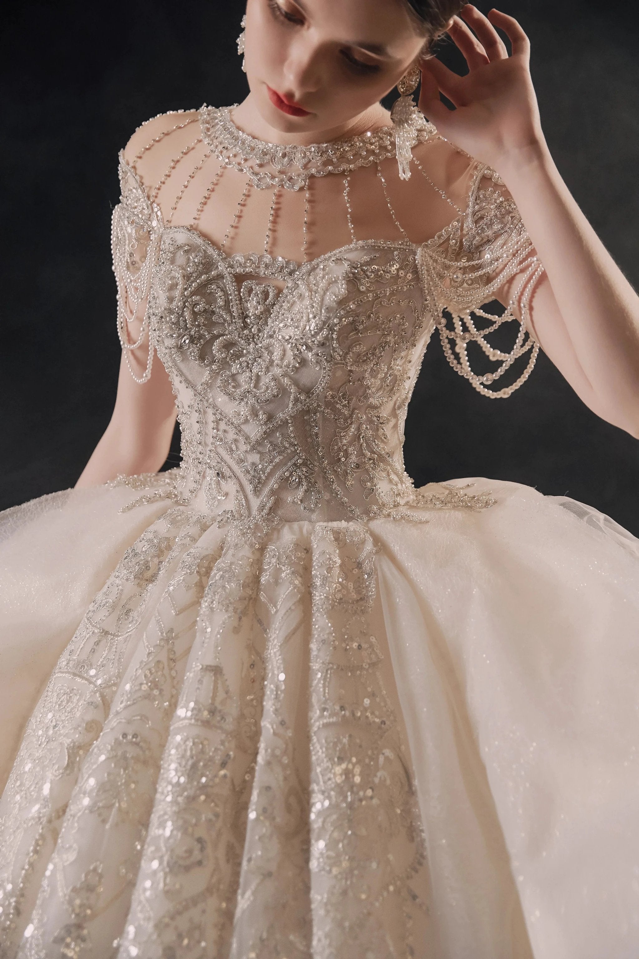 Glamorous Illusion Neckline Ball Gown Beaded Lace Fringe Trim Ruffled Train Wedding Dress E-307 by ZAPDRESS