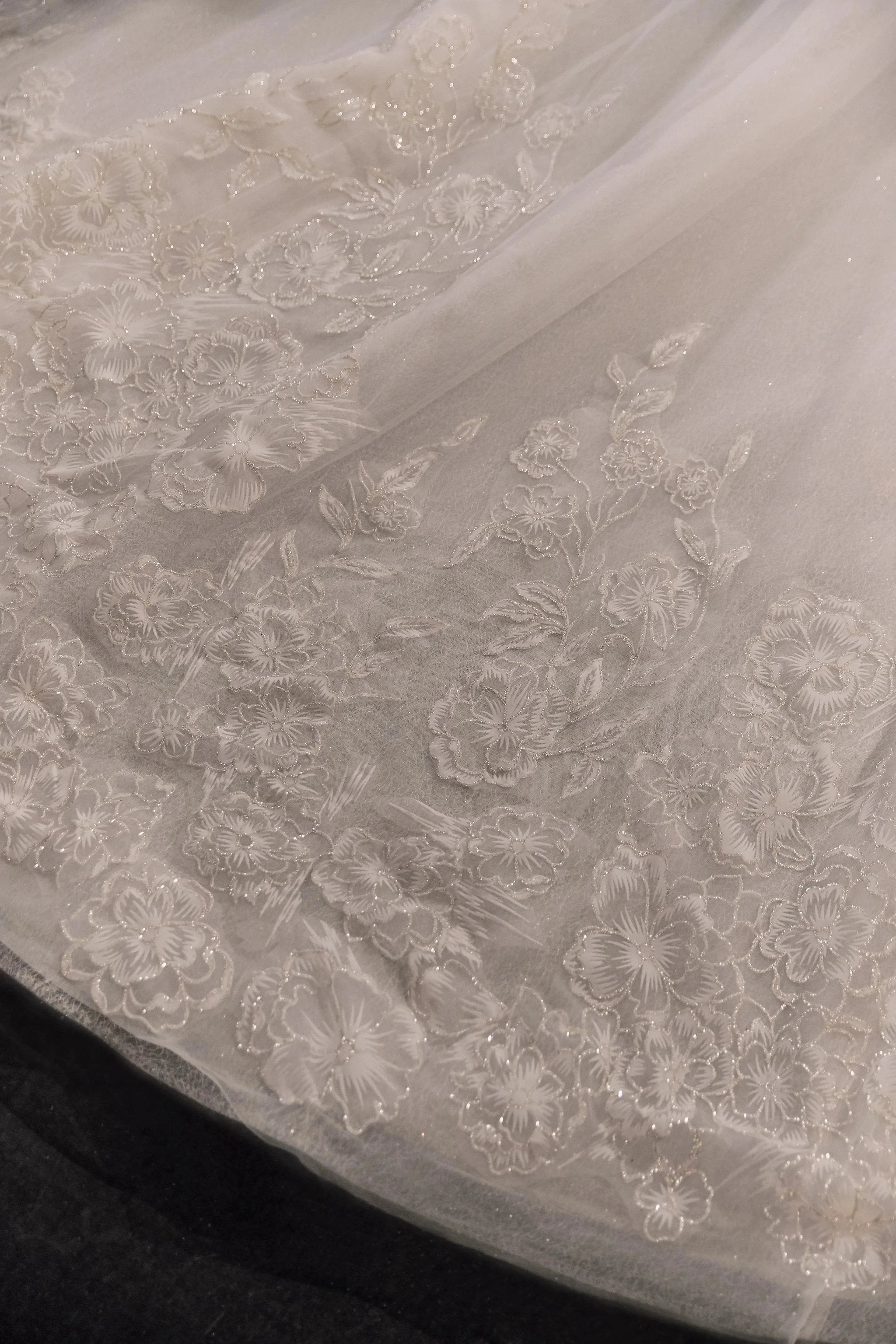 Glamorous Illusion Neckline Ball Gown Beaded Lace Fringe Trim Ruffled Train Wedding Dress E-307 by ZAPDRESS