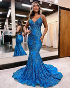 Blue Sequins Applique Prom Dress Mermaid Sleeveless Spaghetti Straps by BIZTUNNEL
