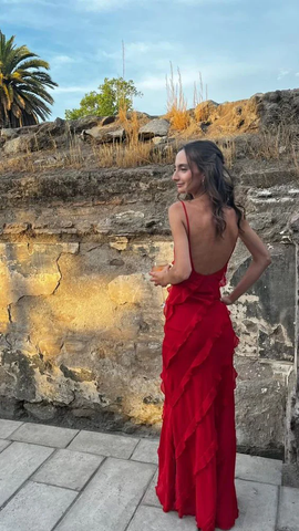 Sexy Rüschen Ballkleid Rot Rückenfrei Langes Partykleid Abendkleid Y7474